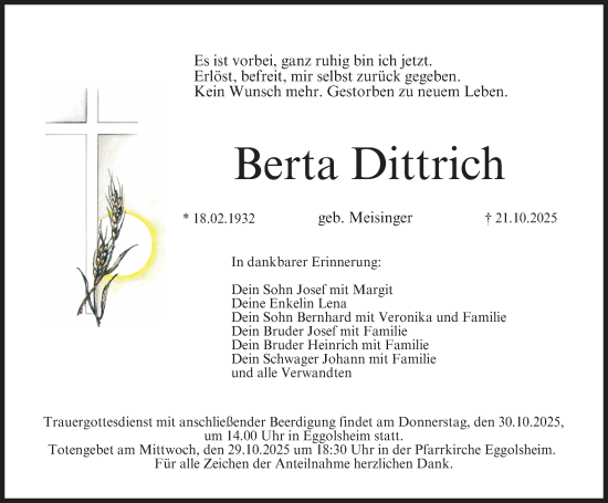 Traueranzeige von Berta Dittrich von Nordbayerische Nachrichten Forchheim Lokal