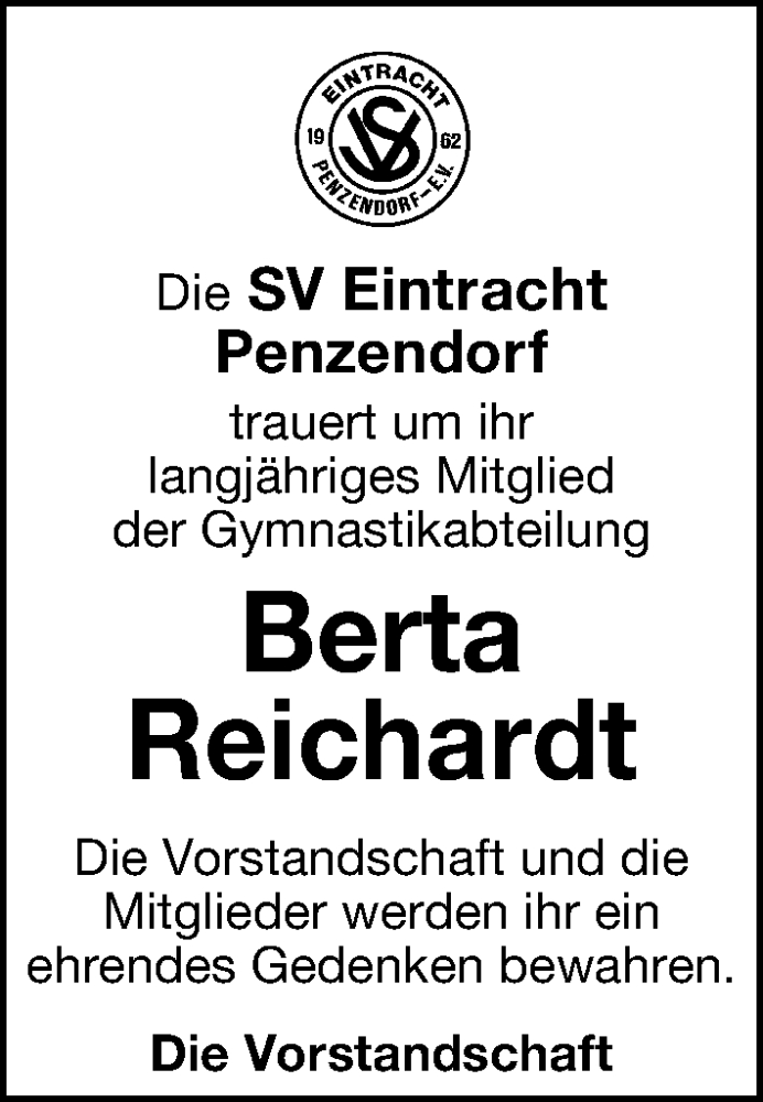  Traueranzeige für Berta Reichardt vom 04.10.2025 aus Schwabacher Tagblatt Lokal