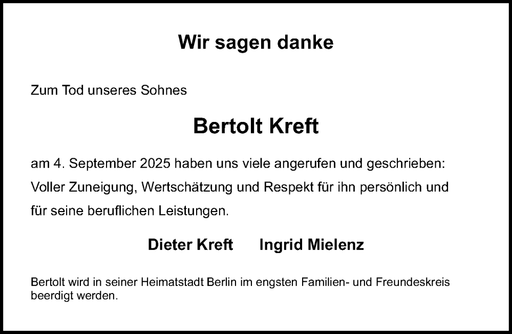  Traueranzeige für Bertolt Kreft vom 04.10.2025 aus Gesamtausgabe Nürnberger Nachrichten/ Nürnberger Ztg.
