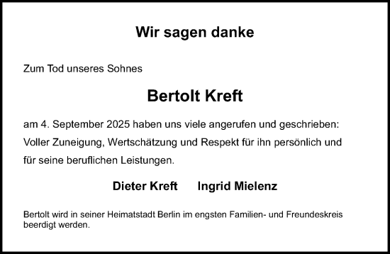 Traueranzeige von Bertolt Kreft von Gesamtausgabe Nürnberger Nachrichten/ Nürnberger Ztg.