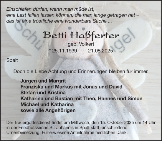 Traueranzeige von Betti Haßferter von Gesamtausgabe Nürnberger Nachrichten/ Nürnberger Ztg./ Roth-Hilpoltsteiner Volkszeitung