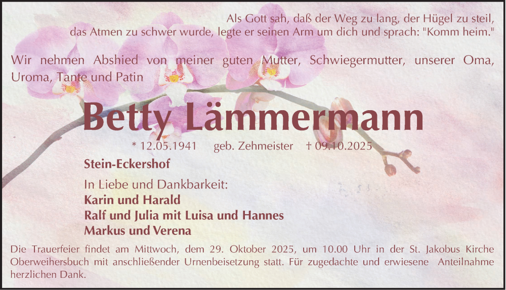  Traueranzeige für Betty Lämmermann vom 25.10.2025 aus Gesamtausgabe Nürnberger Nachrichten/ Nürnberger Ztg.