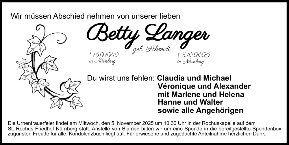  Traueranzeige für Betty Langer vom 31.10.2025 aus Gesamtausgabe Nürnberger Nachrichten/ Nürnberger Ztg.