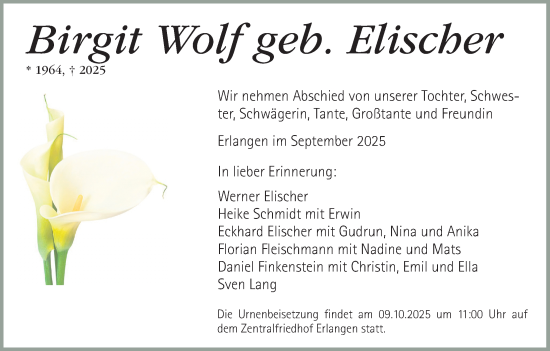 Traueranzeige von Birgit Wolf von Erlanger Nachrichten Lokal