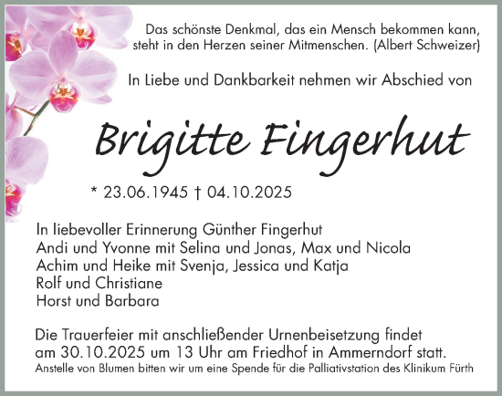 Traueranzeige von Brigitte Fingerhut von Gesamtausgabe Nürnberger Nachrichten/ Nürnberger Ztg.