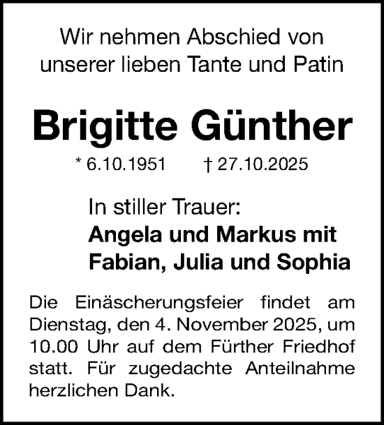 Traueranzeige von Brigitte Günther von Fürther Nachrichten Lokal