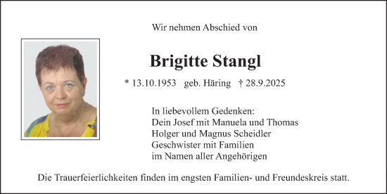 Traueranzeige von Brigitte Stangl von Neumarkter Nachrichten Lokal