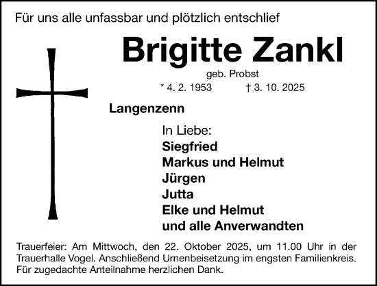 Traueranzeige von Brigitte Zankl von Fürther Nachrichten Lokal