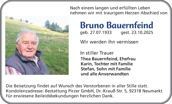 Traueranzeige von Bruno Bauernfeind von Gesamtausgabe Nürnberger Nachrichten/ Nürnberger Ztg.