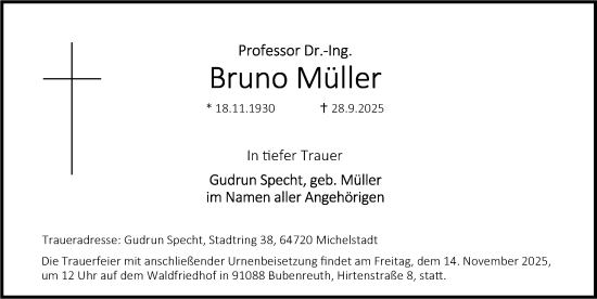 Traueranzeige von Bruno Müller von Erlanger Nachrichten Lokal