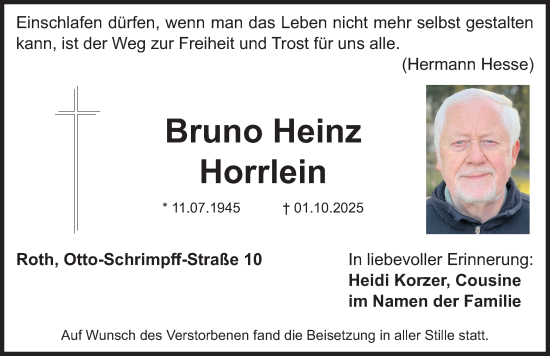 Traueranzeige von Bruno Heinz Horrlein von Roth-Hilpoltsteiner Volkszeitung Lokal