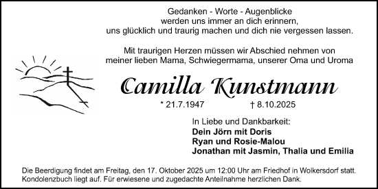 Traueranzeige von Camilla Kunstmann von Schwabacher Tagblatt Lokal