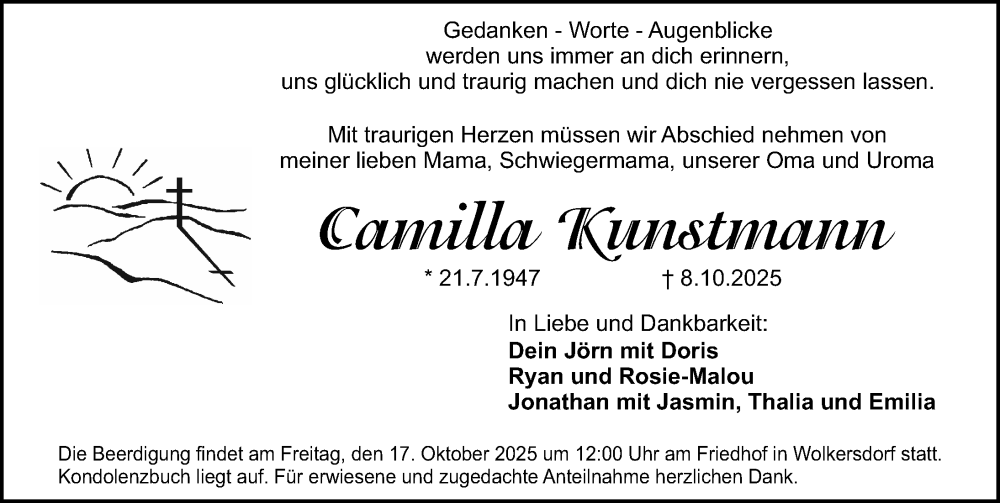  Traueranzeige für Camilla Kunstmann vom 15.10.2025 aus Schwabacher Tagblatt Lokal