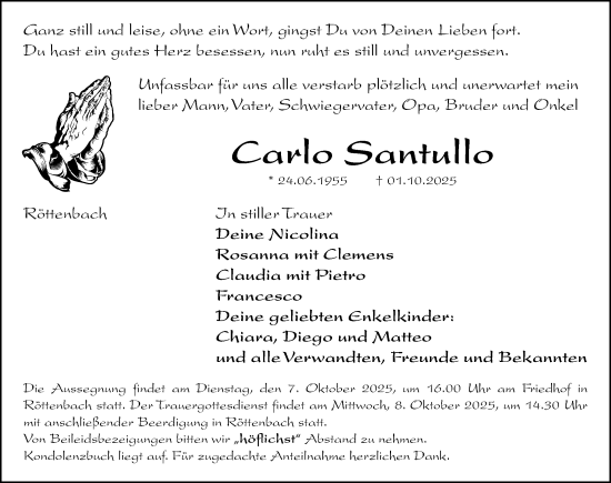 Traueranzeige von Carlo Santullo von Roth-Hilpoltsteiner Volkszeitung Lokal