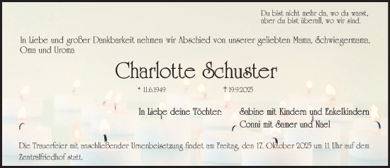Traueranzeige von Charlotte Schuster von Erlanger Nachrichten Lokal