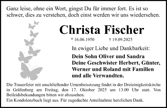 Traueranzeige von Christa Fischer von Nordbayerische Nachrichten Forchheim Lokal