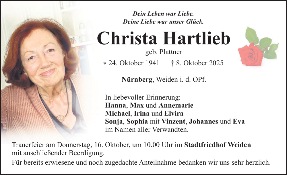  Traueranzeige für Christa Hartlieb vom 11.10.2025 aus Gesamtausgabe Nürnberger Nachrichten/ Nürnberger Ztg.