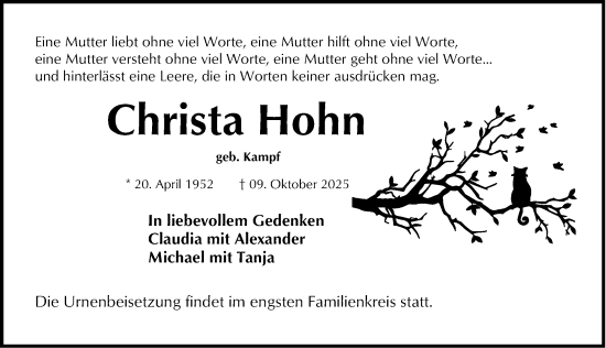 Traueranzeige von Christa Hohn von Erlanger Nachrichten Lokal