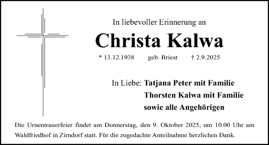 Traueranzeige von Christa Kalwa von Fürther Nachrichten Lokal