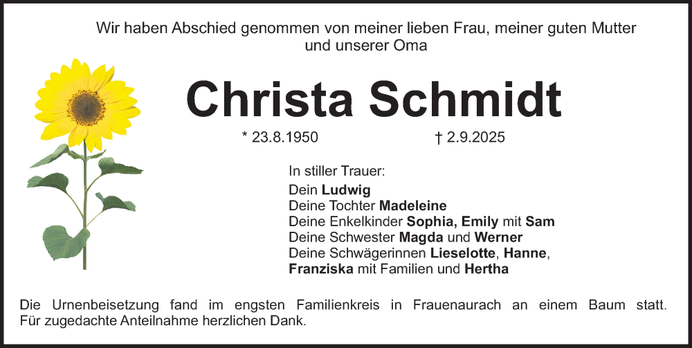  Traueranzeige für Christa Schmidt vom 18.10.2025 aus Erlanger Nachrichten Lokal