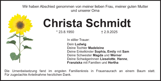Traueranzeige von Christa Schmidt von Erlanger Nachrichten Lokal