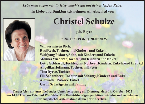 Traueranzeige von Christel Schulze von Neumarkter Nachrichten Lokal