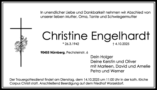 Traueranzeige von Christine Engelhardt von Gesamtausgabe Nürnberger Nachrichten/ Nürnberger Ztg.