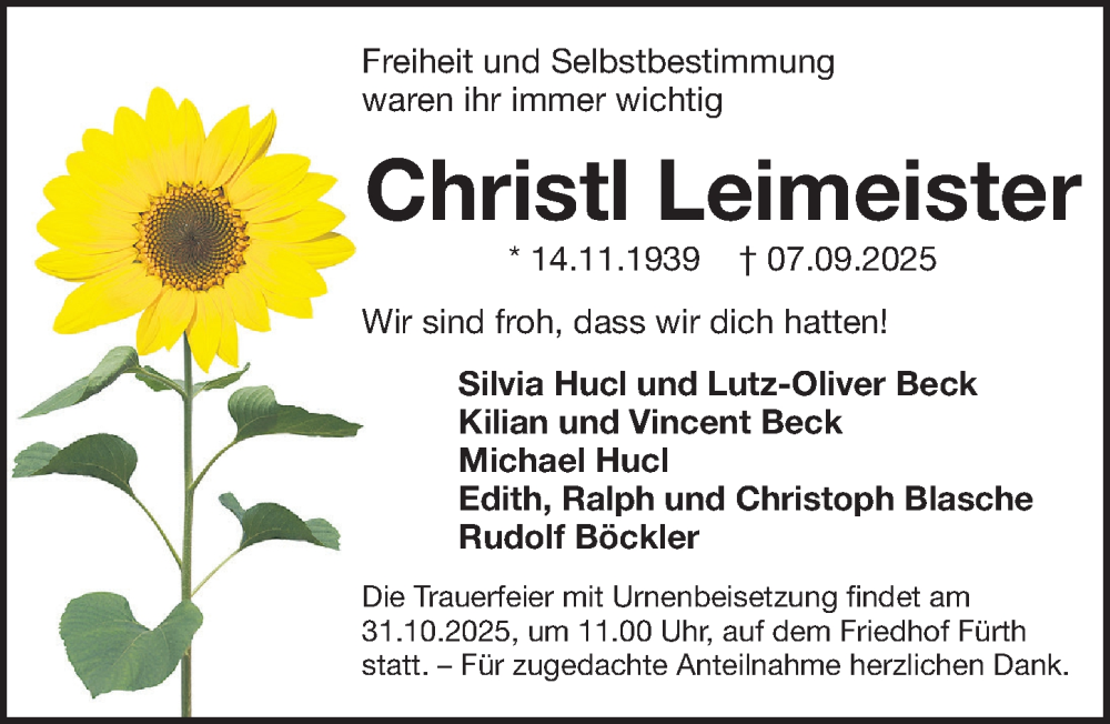  Traueranzeige für Christl Leimeister vom 25.10.2025 aus Gesamtausgabe Nürnberger Nachrichten/ Nürnberger Ztg.