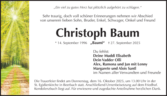 Traueranzeige von Christoph Baum von Gesamtausgabe Nürnberger Nachrichten/ Nürnberger Ztg.
