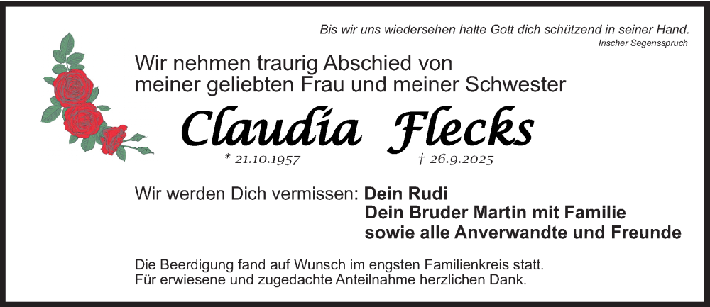  Traueranzeige für Claudia Flecks vom 11.10.2025 aus Gesamtausgabe Nürnberger Nachrichten/ Nürnberger Ztg.