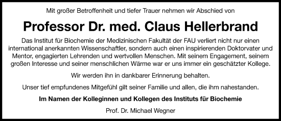 Traueranzeige von Claus Hellerbrand von Erlanger Nachrichten Lokal