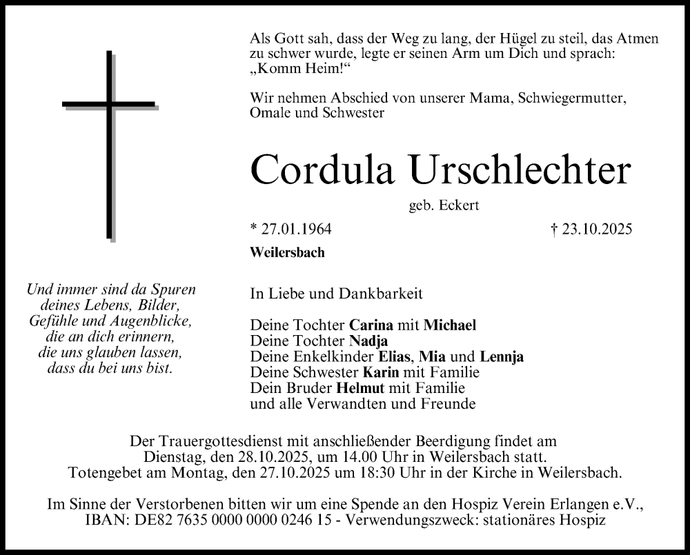  Traueranzeige für Cordula Urschlechter vom 25.10.2025 aus Nordbayerische Nachrichten Forchheim Lokal