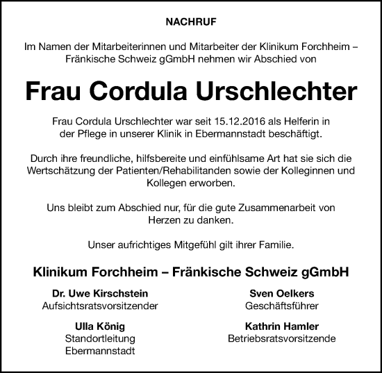 Traueranzeige von Cordula Urschlechter von Nordbayerische Nachrichten Forchheim Lokal