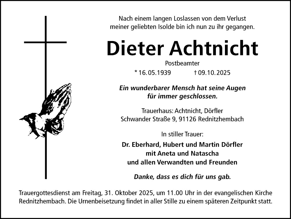  Traueranzeige für Dieter Achtnicht vom 25.10.2025 aus Schwabacher Tagblatt Lokal