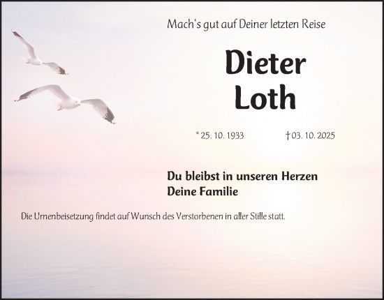 Traueranzeige von Dieter Loth von Gesamtausgabe Nürnberger Nachrichten/ Nürnberger Ztg.