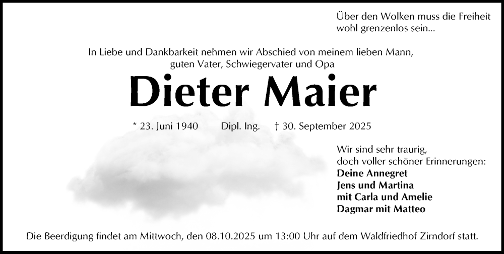  Traueranzeige für Dieter Maier vom 04.10.2025 aus Fürther Nachrichten Lokal