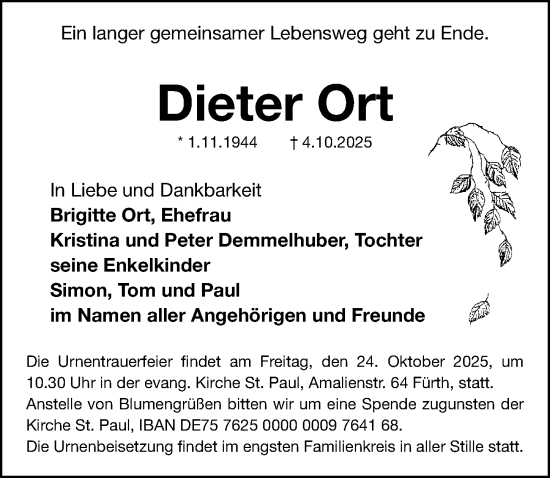 Traueranzeige von Dieter Ort von Fürther Nachrichten Lokal