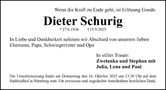 Traueranzeige von Dieter Schurig von Gesamtausgabe Nürnberger Nachrichten/ Nürnberger Ztg.