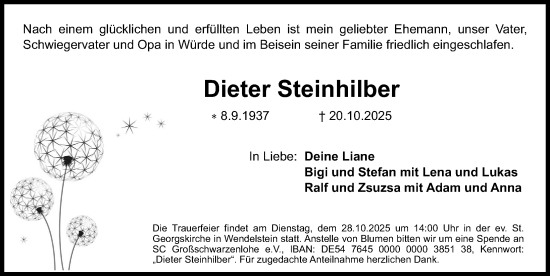 Traueranzeige von Dieter Steinhilber von Schwabacher Tagblatt Lokal