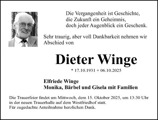 Traueranzeige von Dieter Winge von Gesamtausgabe Nürnberger Nachrichten/ Nürnberger Ztg.