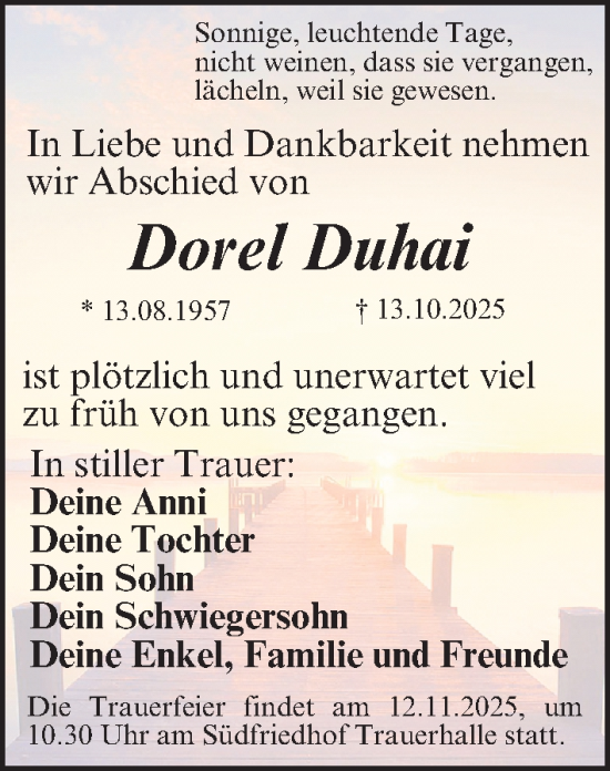 Traueranzeige von Dorel Duhai von Gesamtausgabe Nürnberger Nachrichten/ Nürnberger Ztg.