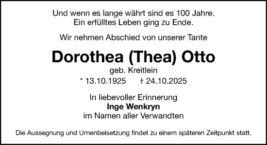 Traueranzeige von Dorothea Otto von Gesamtausgabe Nürnberger Nachrichten/ Nürnberger Ztg.