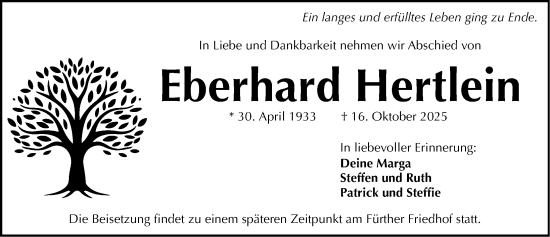 Traueranzeige von Eberhard Hertlein von Fürther Nachrichten Lokal