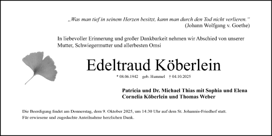 Traueranzeige von Edeltraud Köberlein von Gesamtausgabe Nürnberger Nachrichten/ Nürnberger Ztg.