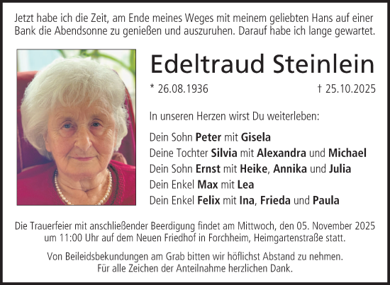 Traueranzeige von Edeltraud Steinlein von Nordbayerische Nachrichten Forchheim Lokal
