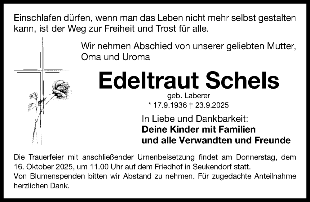  Traueranzeige für Edeltraut Schels vom 11.10.2025 aus Fürther Nachrichten Lokal
