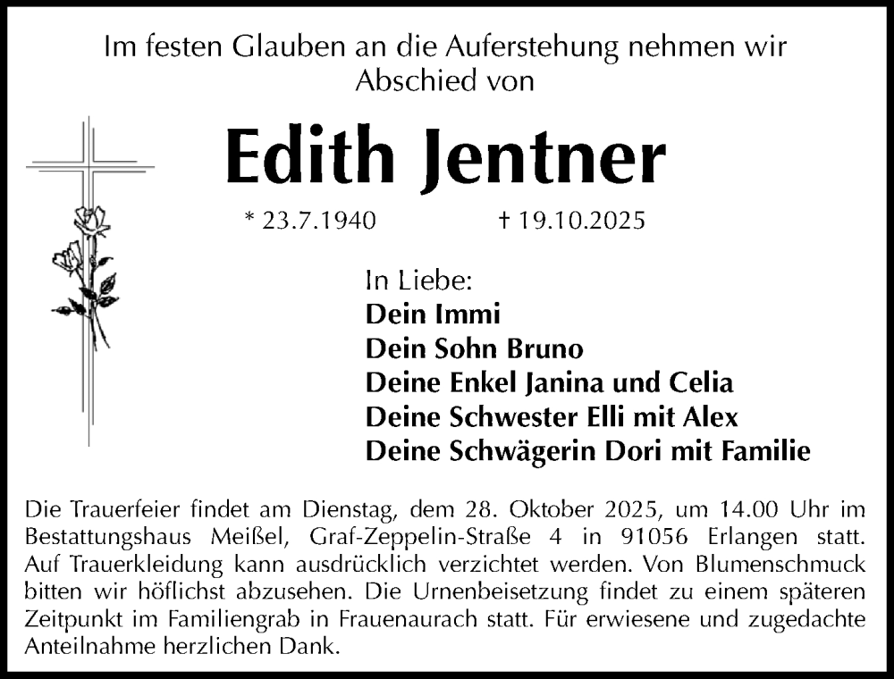  Traueranzeige für Edith Jentner vom 25.10.2025 aus Erlanger Nachrichten Lokal