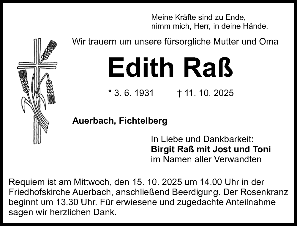  Traueranzeige für Edith Raß vom 14.10.2025 aus Nordbayerische Nachrichten Pegnitz Lokal
