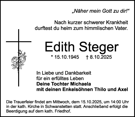 Traueranzeige von Edith Steger von Schwabacher Tagblatt Lokal