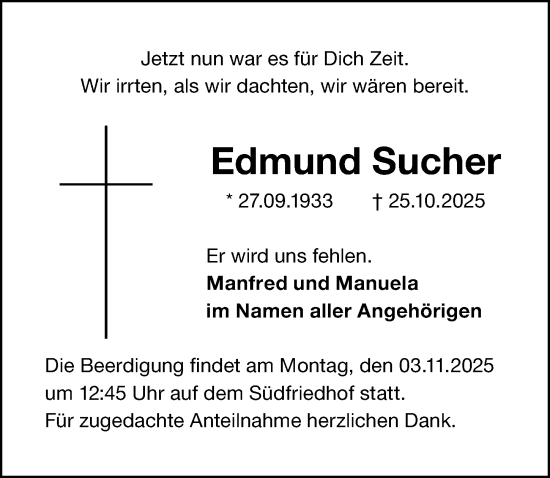 Traueranzeige von Edmund Sucher von Gesamtausgabe Nürnberger Nachrichten/ Nürnberger Ztg.